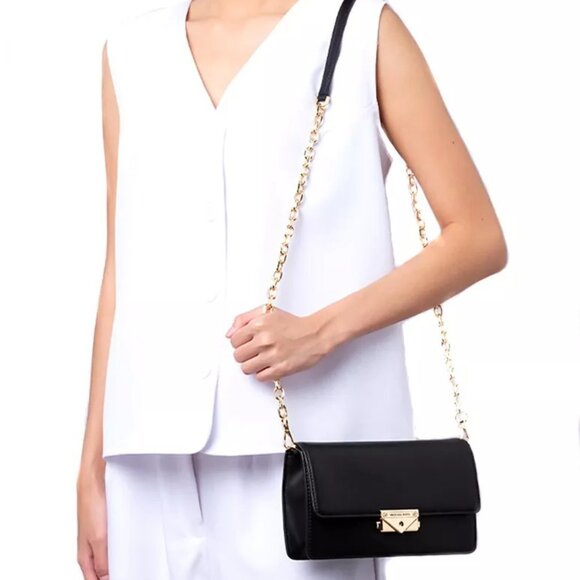 Michael Kors CECE Medium Flap Structured Clutch Chain Shoulder Bag Black NWT - Picture 2 of 13